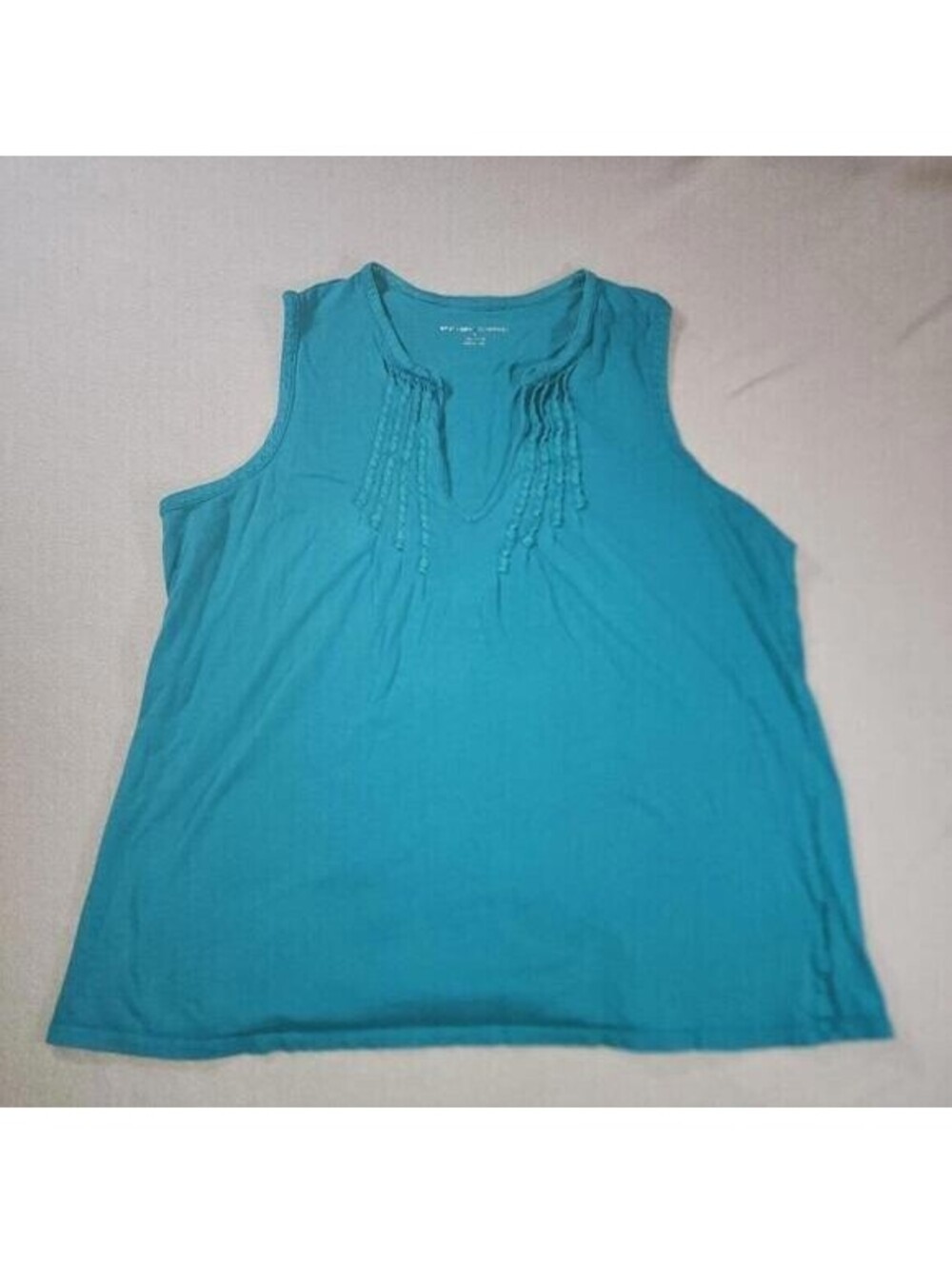 New York & Company Women L Teal Sleeveless Pintuck V-Neck Cotton Tank Top